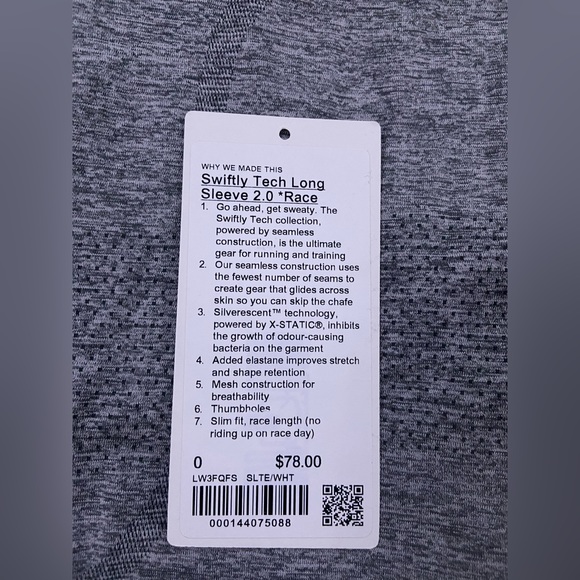 Swiftly Tech Long Sleeve 2.0 *Race Size 0 Lululemon Slate/White - Picture 3 of 3